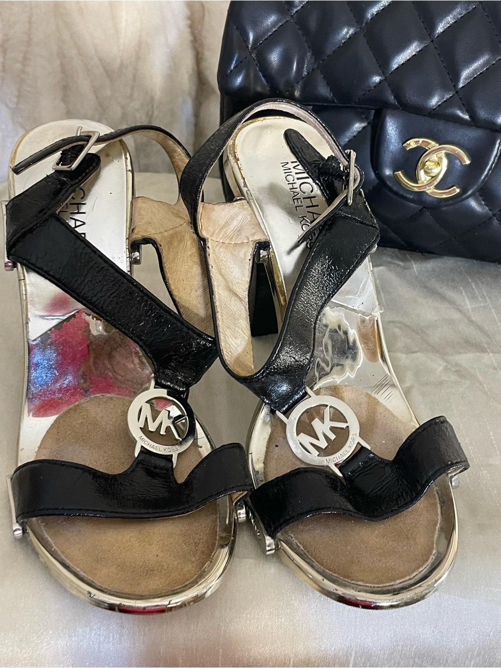 Michael Kors Black Patent Leather MK Logo Slingback Heels size 6.5